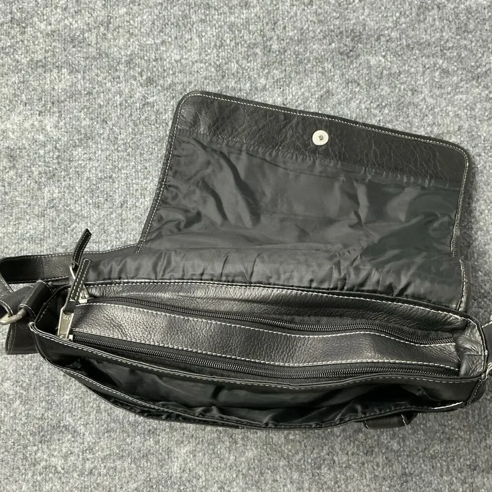 Vintage Black Pebbled Leather Messenger Bag Made in Colombia Striped Crossbody